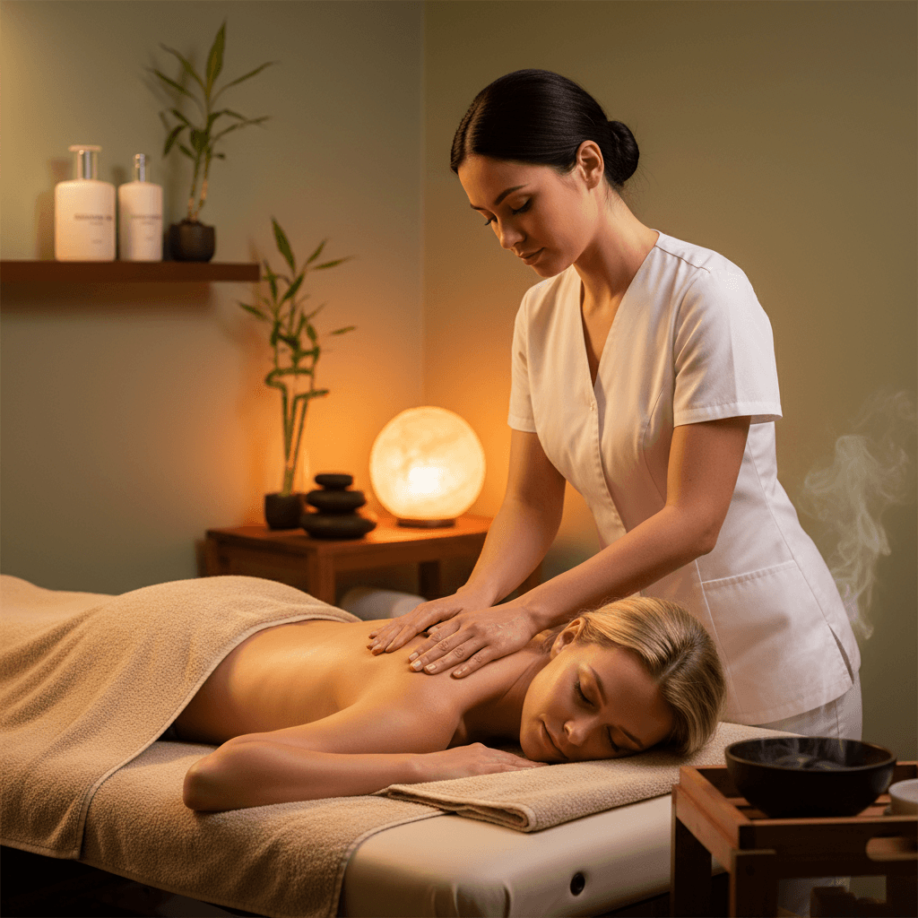 Massage therapist's hands performing therapeutic neck massage on relaxed client in calm, warmly lit spa environment