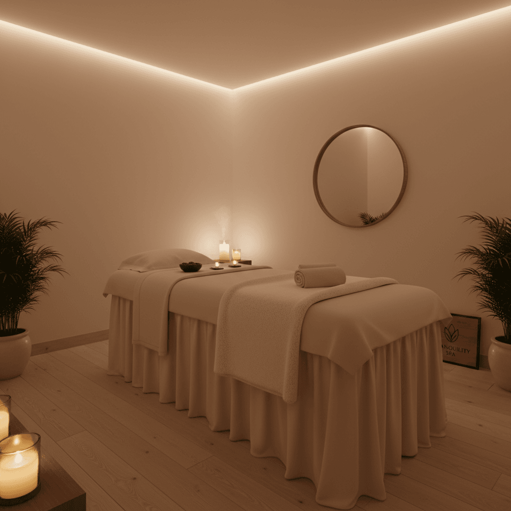 Comfortable massage room with warm lighting